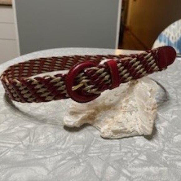 VINTAGE  Women's Red Leather and Beige Cotton Braided Belt - Picture 1 of 3